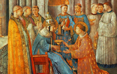 Fra Angelico: Laurentius wird von Papst Sixtus II.  zum Diakon ordiniert, Fresko, 1447 - 49, in der  Cappella Niccolina im Papstpalast im Vatikan